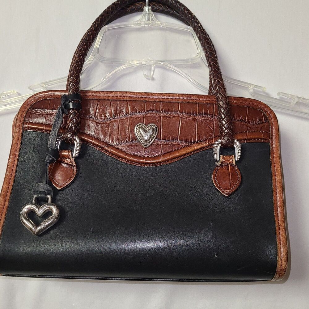 Brighton Vintage Black & Tan Leather Crocodile Pattern Heart Detail Handbag